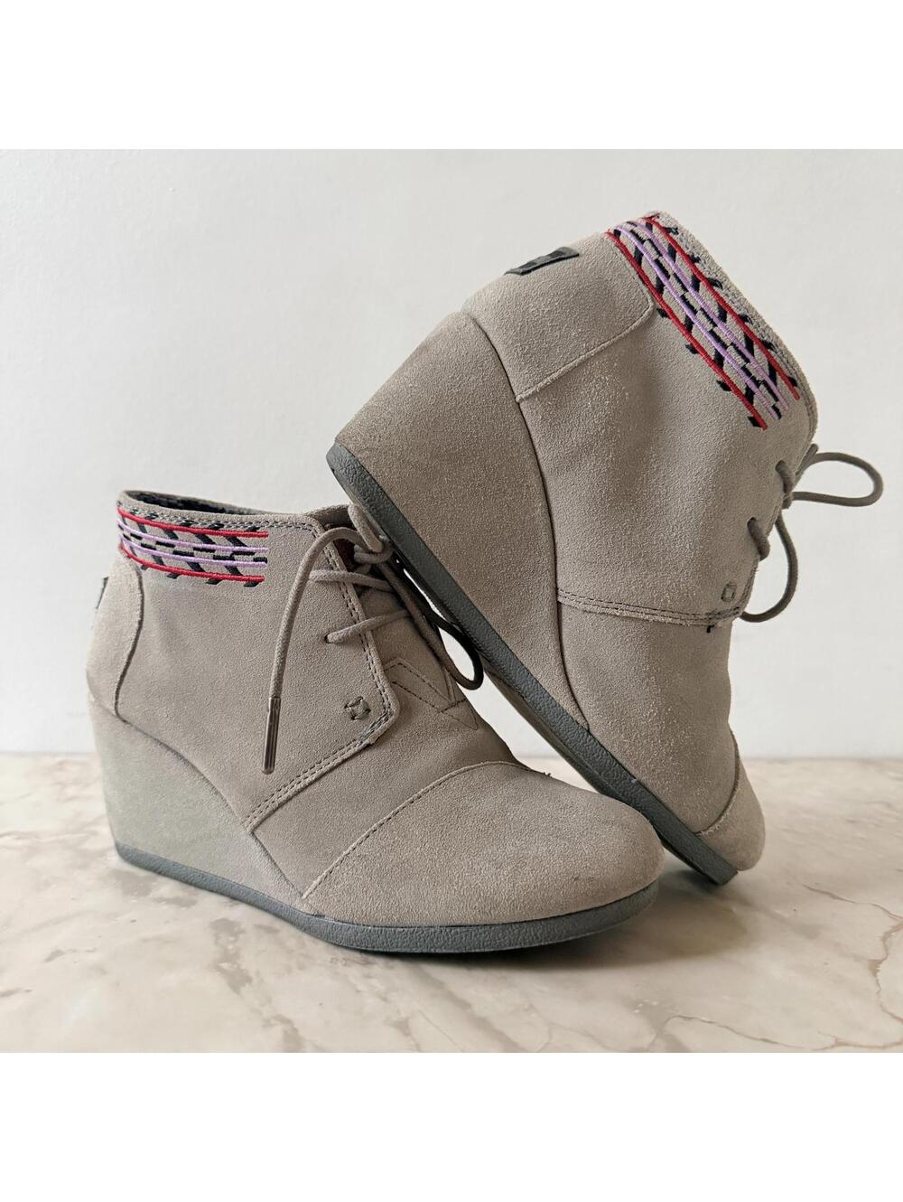 TOMS Wedge Ankle Boots in Taupe Suede with Embroidered Detail